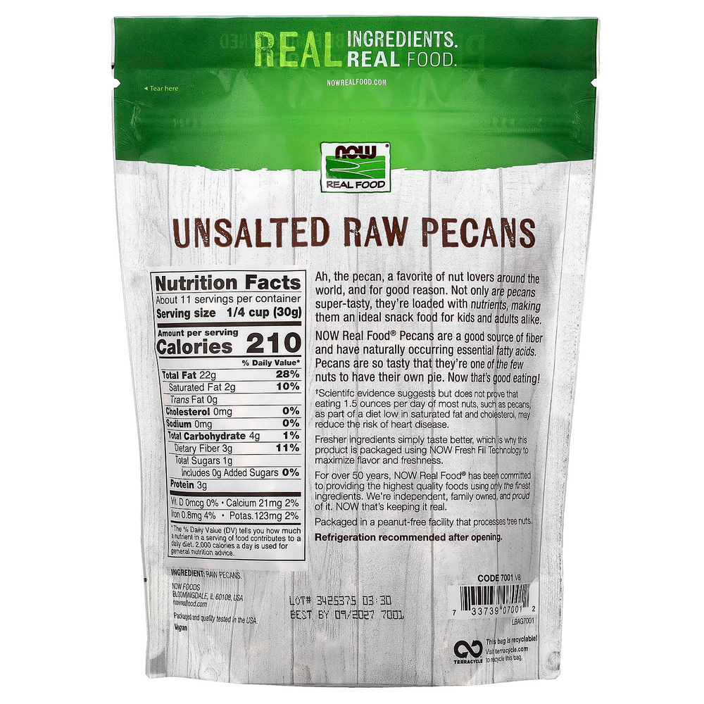 NOW Foods, Сырые орехи пекан, несоленые, 340 г