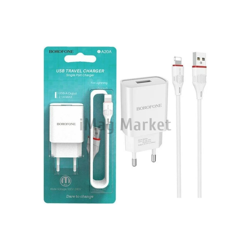 Сетевое зарядное устройство Borofone BA20A, 1 USB-A, 10.5W, 2.1A + кабель Lightning, 1 м, белый