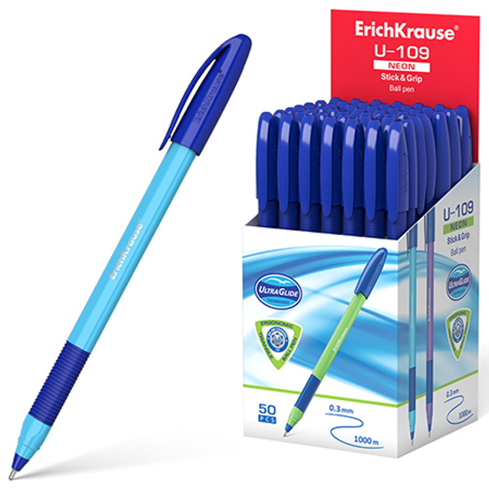 Ручка шариковая "Erich Krause" Ultra Glide Technology U-109 Neon Stick&Grip синяя 1,0мм, толщина письма 0,3мм, треугольная, рифленый держатель, игольчатый пишущий узел, цветной корпус