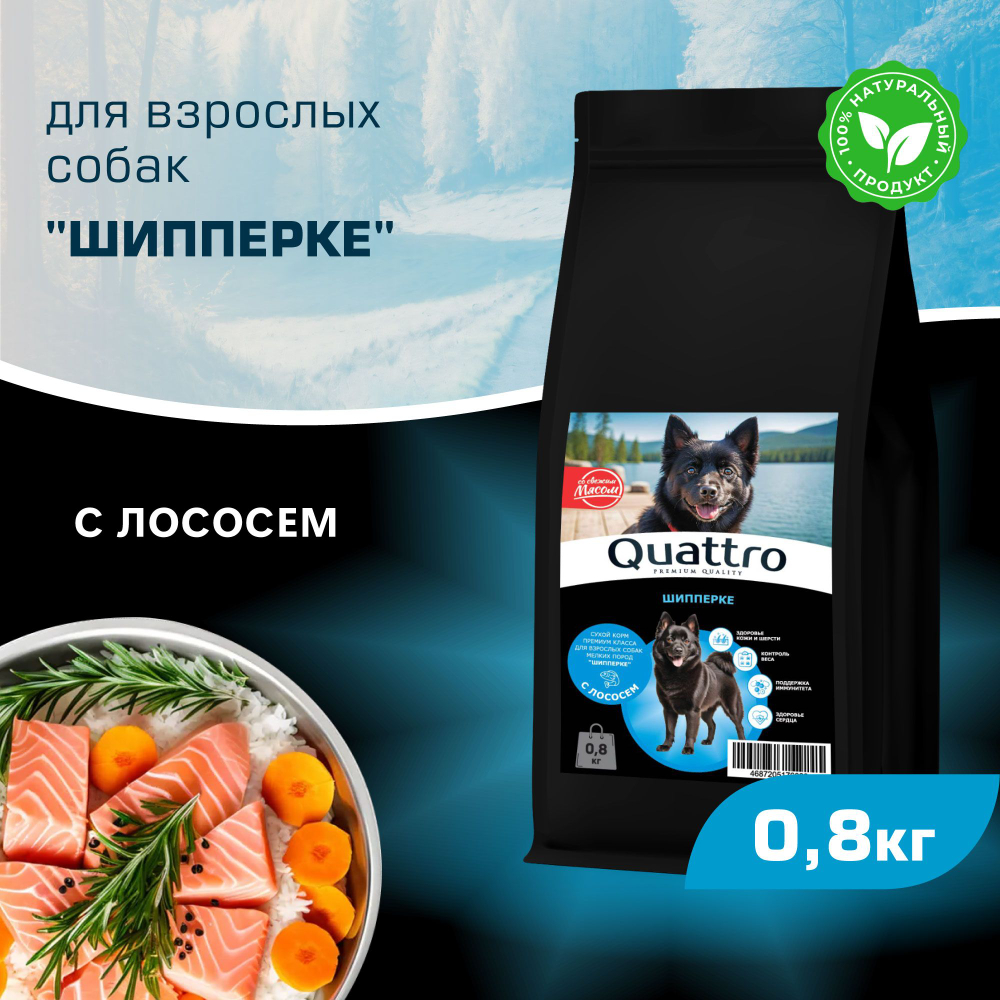 Корм сухой для взрослых собак породы Шипперке, с лососем, 800 гр, QUATTRO