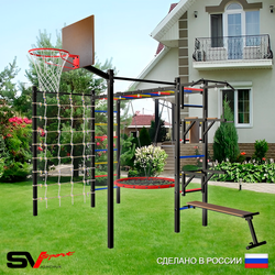 Уличная шведская стенка Sv Sport рукоход с комплектом турник прямой 2шт У5276К (Турник/Брусья/Стойка/Скамья/Гнездо 80см/Щит баскет/Сетка)