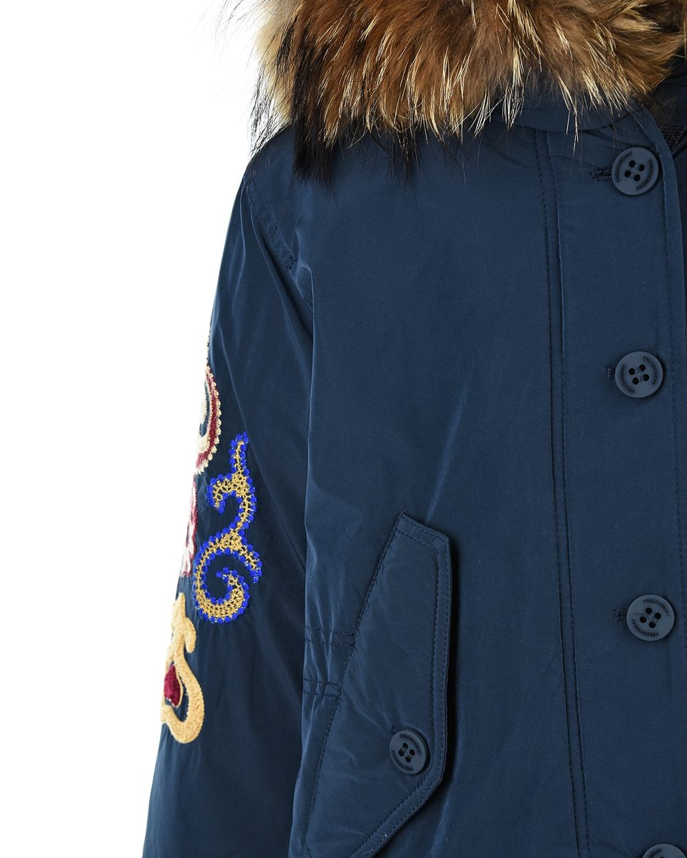 Пальто (пух) с капюшоном FREEDOMDAY Темно-синий/Аппликации/Вышивки: узоры Девочка