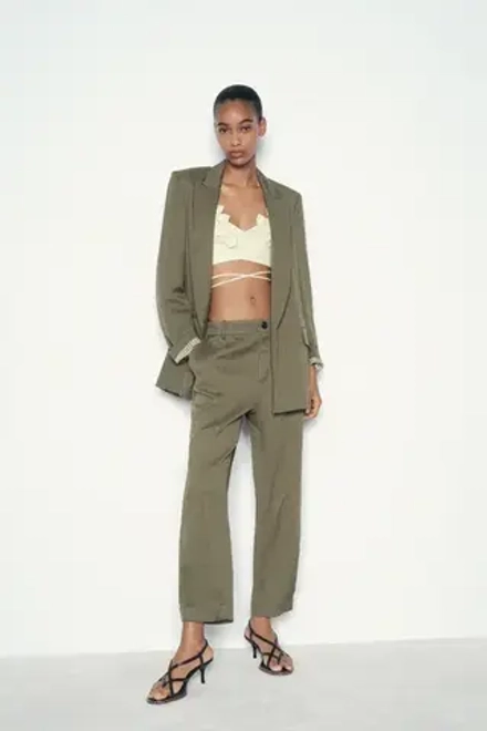 ZARA ШАРОВАРЫ ИЗ ЖАТОЙ ТКАНИ, ХАКИ