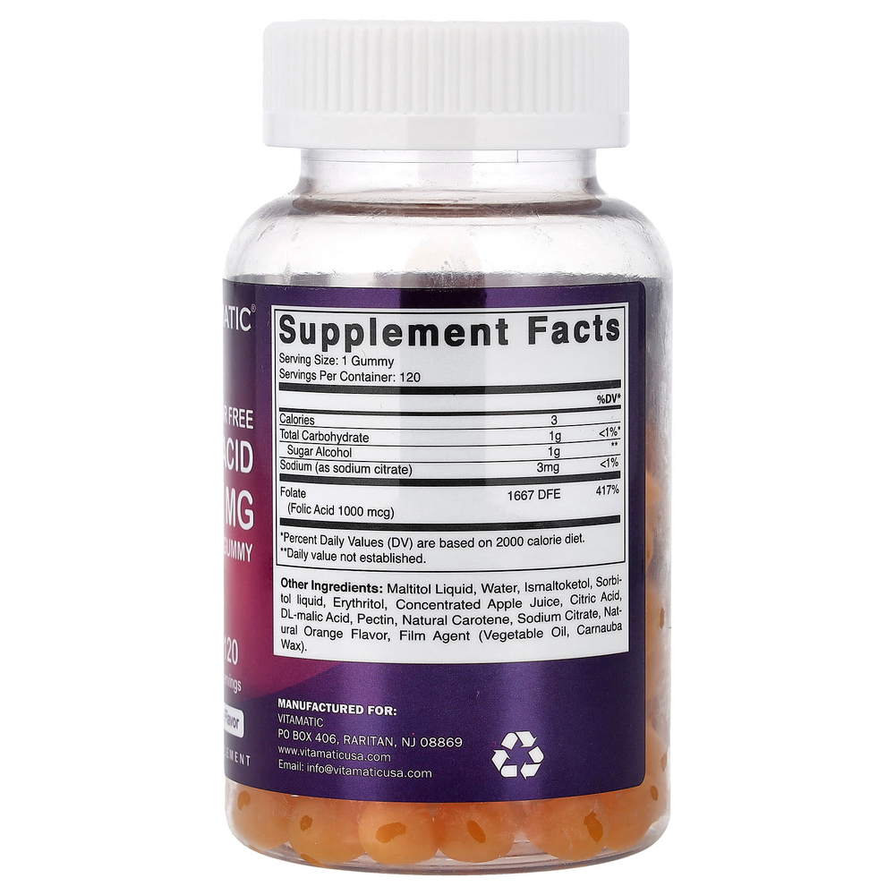 Vitamatic, фолиевая кислота, натуральный апельсиновый вкус, 1 мг, 120 жевательных таблеток