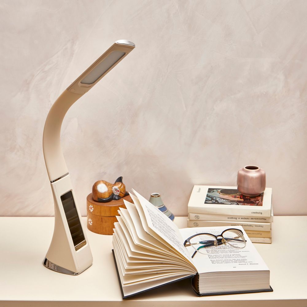 TLD-542 Cream-LED-300Lm-5000K-Dimmer Светильник настольный c часами. календарем. термометром. 5W. Сенсорный выключатель. Кремовый стилизован под кожу. TM Uniel.