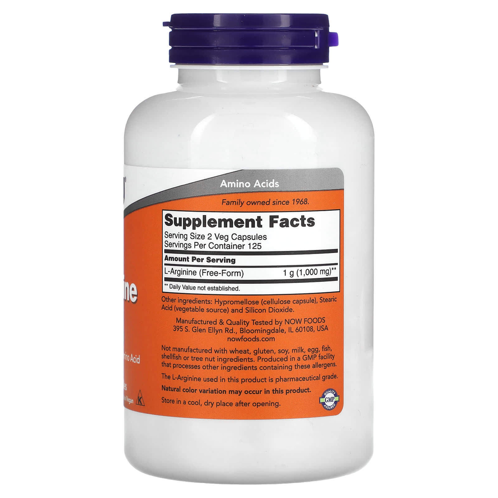 NOW Foods, L-аргинин, 500 мг, 250 растительных капсул