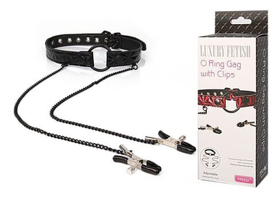 Черный кляп-кольцо с зажимами на соски O Ring Gag With Clips (Цвет: черный)