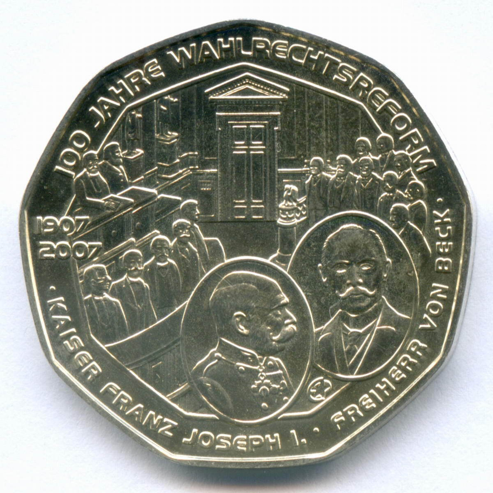 5 евро 2007 год. Австрия. 100 лет Всеобщему избирательному праву. Серебро UNC