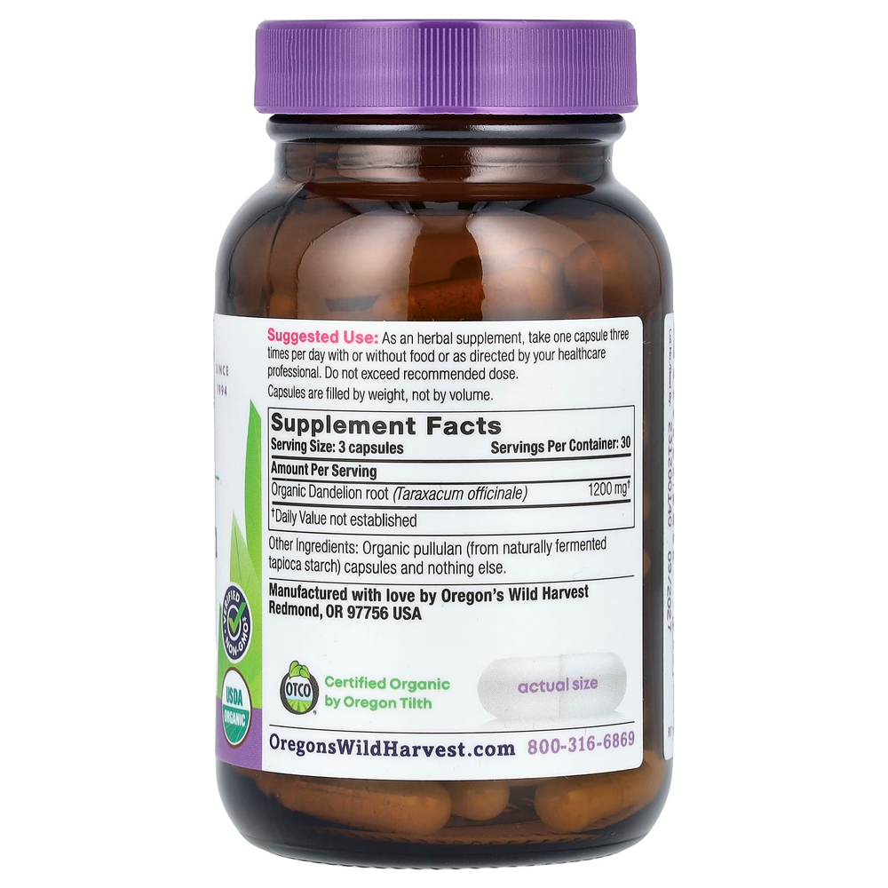 Oregon's Wild Harvest, Органический корень одуванчика, 90 органических веганских капсул (400 мг на капсулу)