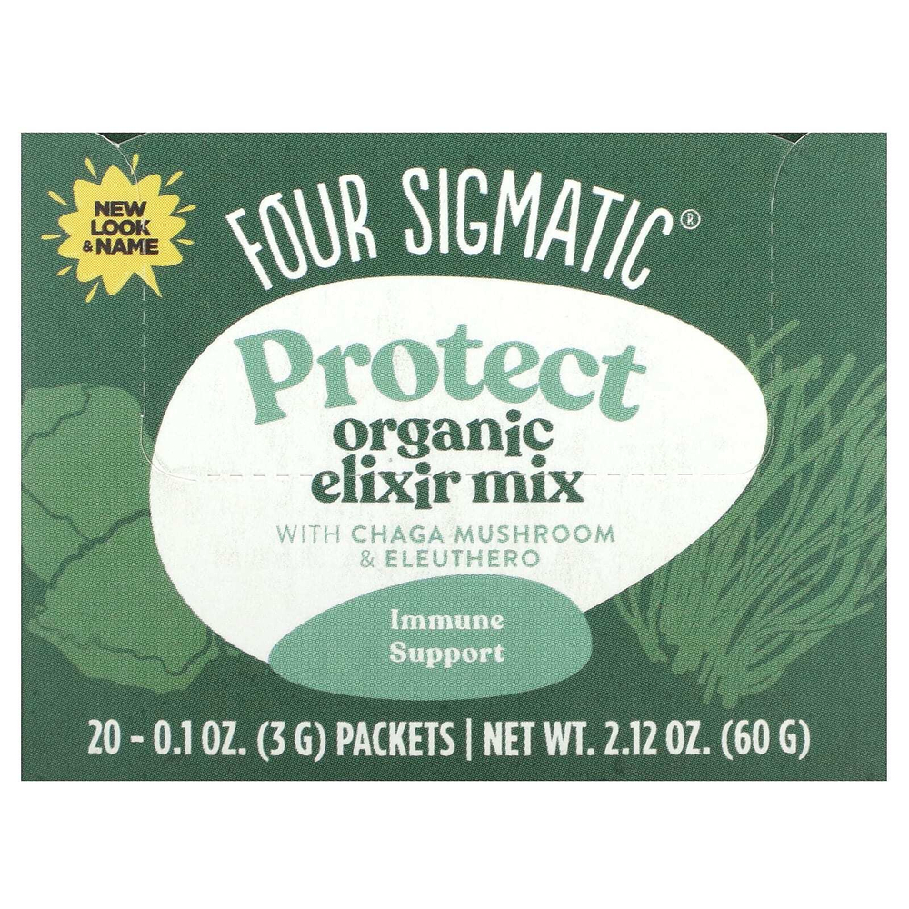 Four Sigmatic, Protect, органическая смесь эликсира с грибами чага и элеутерококком, без кофеина, 20 пакетиков по 3 г (0,1 унции)