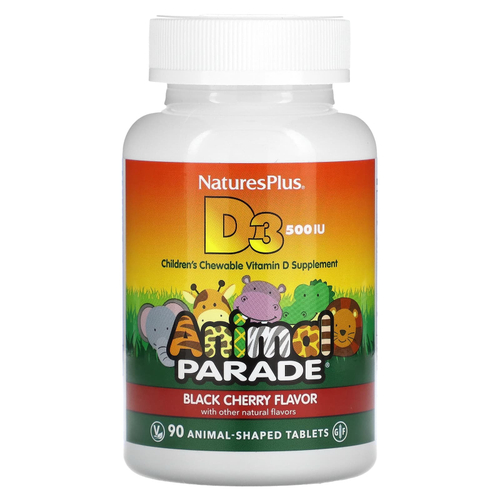 NaturesPlus, Animal Parade, витамин D3, со вкусом черешни, 12,5 мкг (500 МЕ), 90 таблеток в форме животных