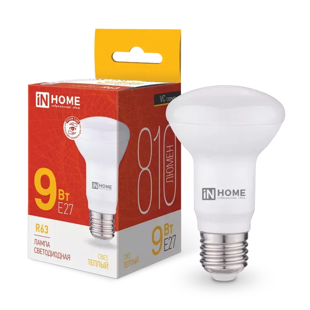 Лампа светодиодная LED-R63-VC 9Вт 230В Е27 3000К ТЕПЛЫЙ 810Лм IN HOME