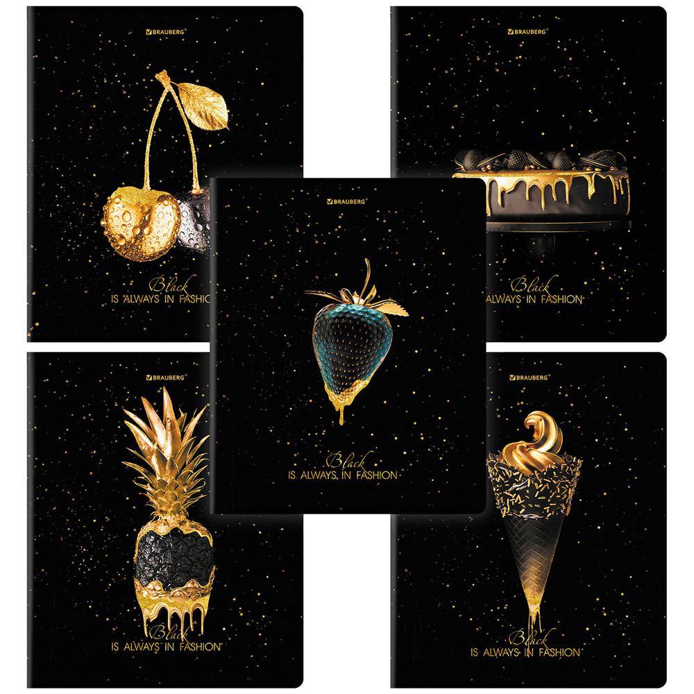 Тетрадь А5, 48 л., BRAUBERG, скоба, клетка, матовая ламинация, фольга, "Black&Gold" (микс в спайке), 404370
