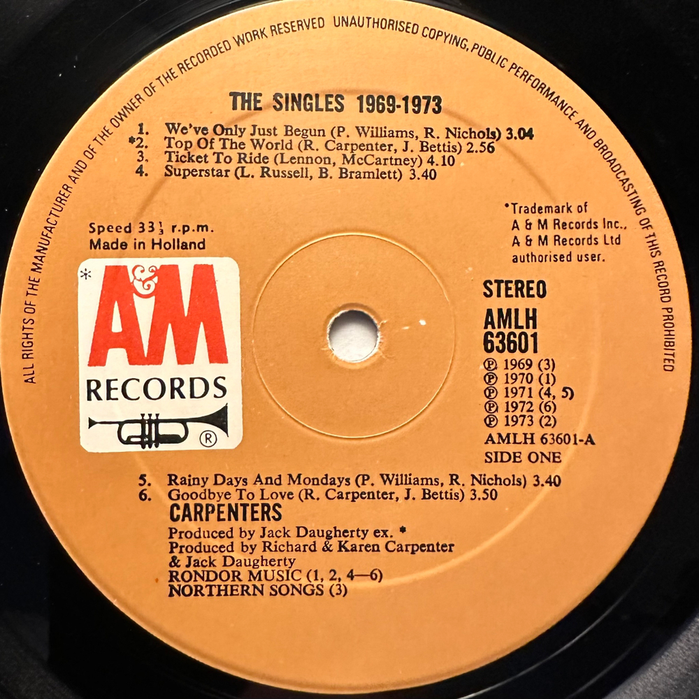 Carpenters - The Singles 1969-1973 (Голландия 1973г.)