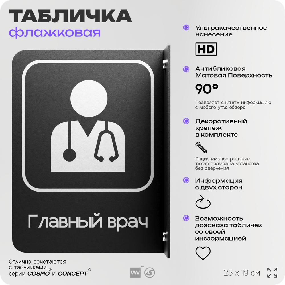 Табличка Главный врач флажковая на стену, двусторонняя с крепежом, 19 х 25 см, для офиса, кафе, ресторана, серия COSMO, Айдентика Технолоджи