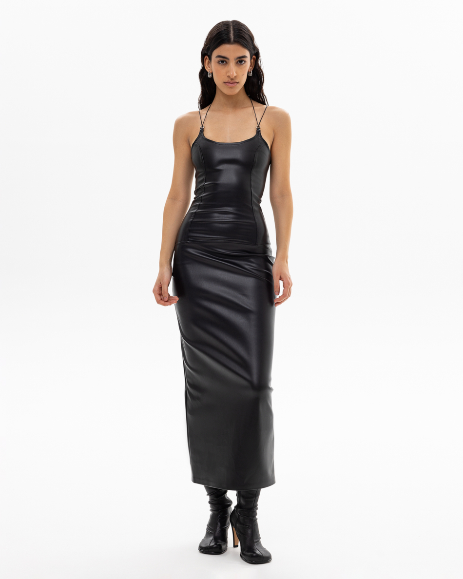 V-LEATHER MAXI DRESS