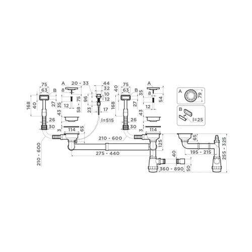 Арматура с клапаном-автоматом для двухчашевых моек с прямоугольными переливами Omoikiri WK-2-A-GM