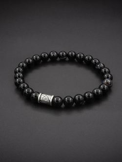 Браслет Чёрный агат с полосками + Валькнут (серебро)