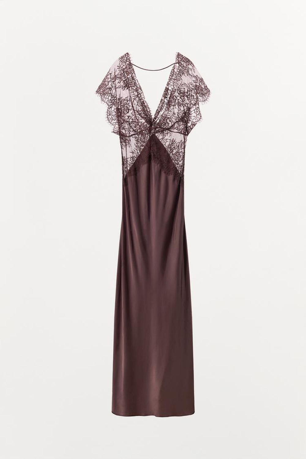 ZARA АТЛАСНОЕ ПЛАТЬЕ С КОНТРАСТНЫМ КРУЖЕВОМ, КОРИЧНЕВЫЙ