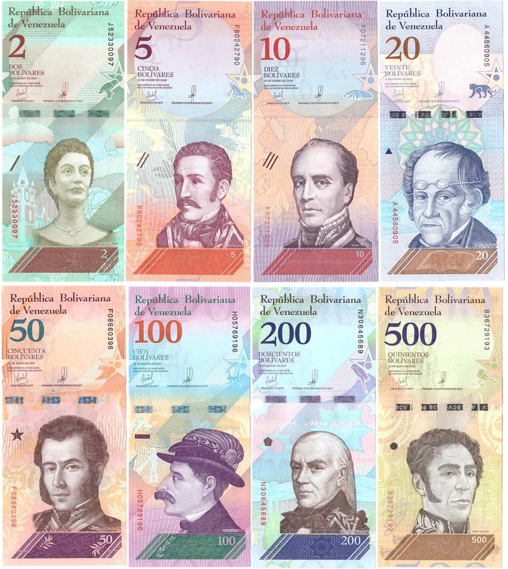Банкноты Венесуэлы 8 шт. (2, 5, 10, 20, 50, 100, 200 и 500 боливаров) 2018 год