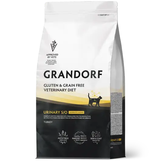Сухой корм GRANDORF VETERINARY DIET Cat URINARY S/O MODERATE CALORIE Полнорационный диетический корм для кошек склонных к набору веса, при мочекаменной болезни, индейка 0,4кг