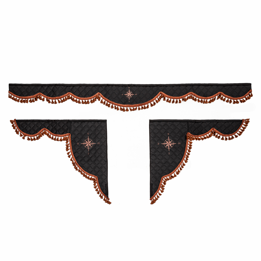 Ламбрекен 1,8м с косынками универсальные стеганые Роза Ветров (экокожа, черный, коричневые узелки)