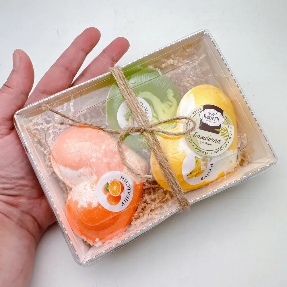 Набор бомбочек "Сердце апельсин XL, сердце банан XL + мыло лемонграсс"