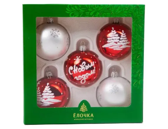 Набор стеклянных шаров Праздник 5 шт., 60 мм.,красный, Ёлочка (С218/1)