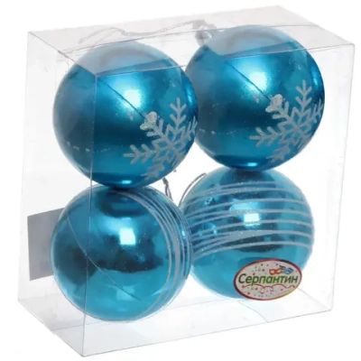 Новогодние шары 6 см (набор 4 шт) «Снежные нити», голубой/белый