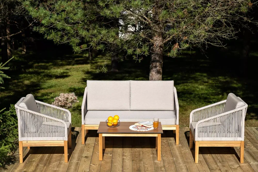 "Канны" диван 2-местный плетеный из роупа, основание дуб, роуп бежевый круглый, ткань бежевая 15052