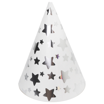 Колпаки, Звезды Микс, Серебро на белом, 16 см, 6 шт