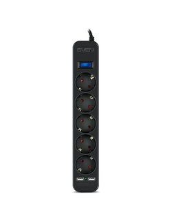 Сетевой фильтр SVEN Фильтр SF-05LU 1,8 м (5 евро розеток,2*USB(2.4А)), черный, цветная коробка [SV-018832]