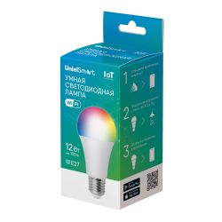 LED-A60-12W-RGBW-E27-230V-WF-FR PLS80WH Умная лампа светодиодная Wi-Fi+Bluetooth. диммируемая. Форма А. матовая. 2700-6500K+RGB. Голосовое управление+приложение UnielSmart. TM Uniel