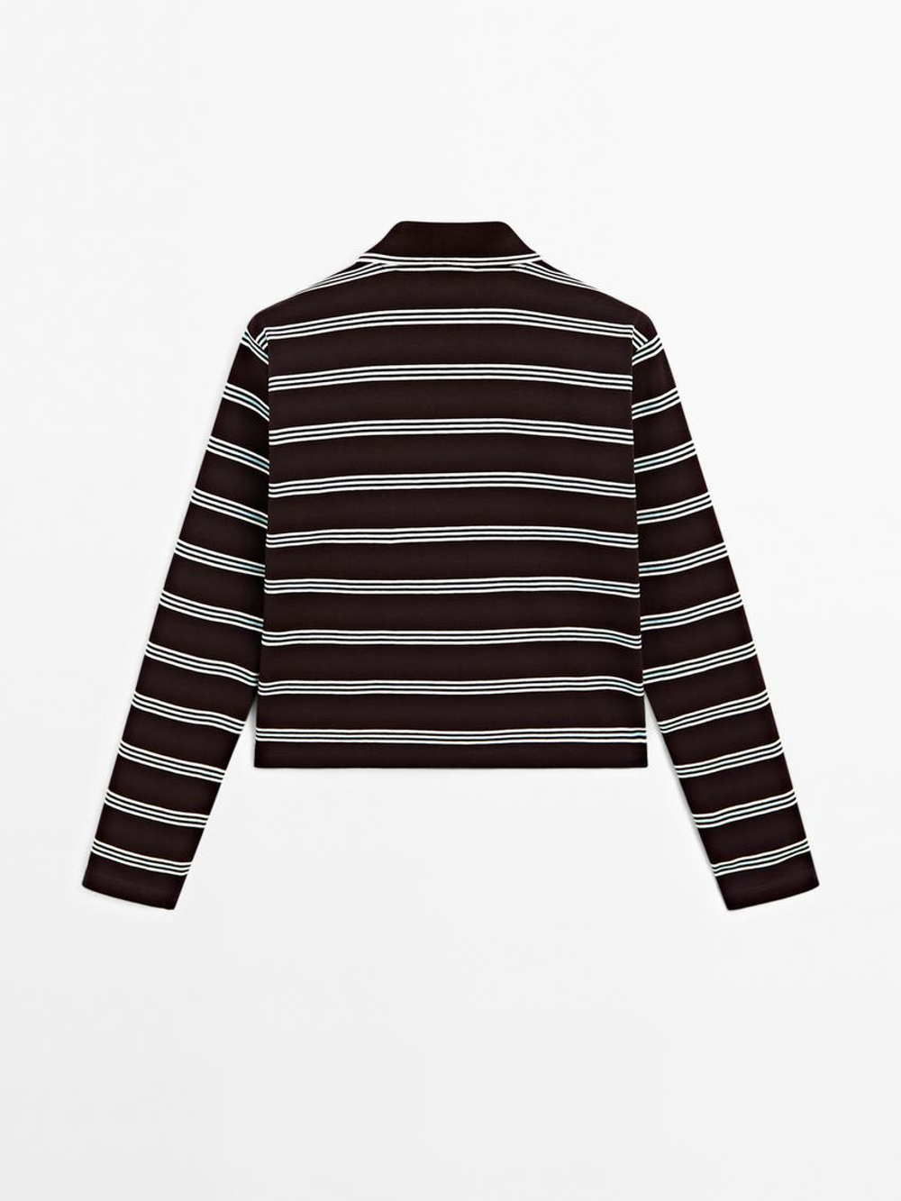 Massimo Dutti Свитер поло из хлопка в полоску, коричневый