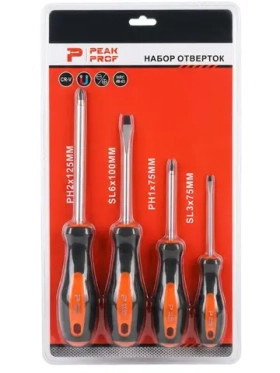 Набор отверток PEAK PROF 4 штуки PH2, SL6, PH1, SL3