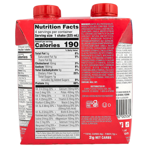 Atkins, Strong, высокопротеиновый коктейль, молочный шоколад, 4 коктейля, по 325 мл (11 жидк. унц.)