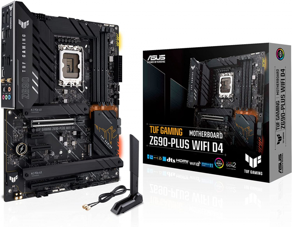 Материнская плата ASUS TUF GAMING Z690-PLUS WIFI D4, LGA1700, Z690, 4*DDR4, DP+HDMI, CrossFireX, SATA3 + RAID, Audio, Gb LAN, USB 3.2*8, USB 2.0*2, COM*1 header (w/o cable), ATX; 90MB18V0-M0EAY0