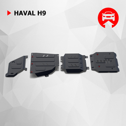 Защита радиатора, картера, КПП и РК АвтоБроня для Haval H9 (V - 2.0T) 2014-2017/Haval H9 I рестайлинг (V - 2.0D; 2.0T) 2017-н.в., штампованная, сталь 1.8 мм, 4 части, с крепежом, K111.09418.1