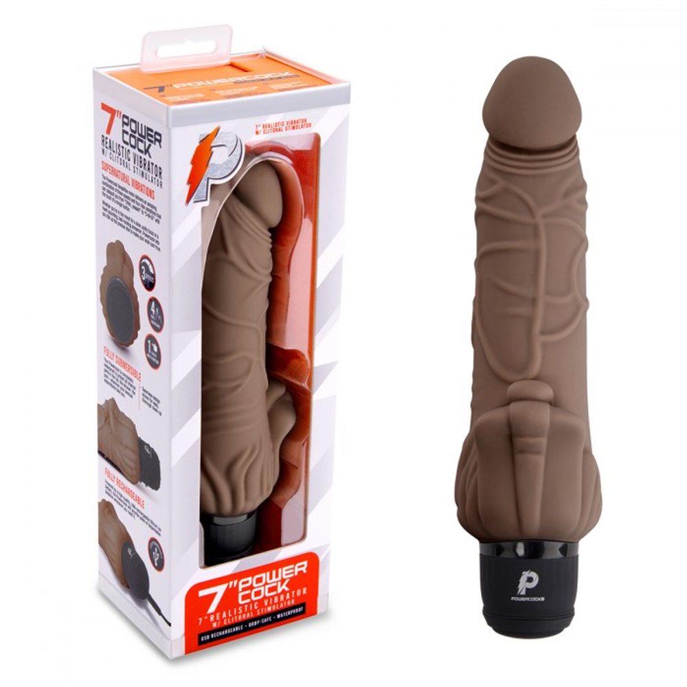 Реалистичный коричневый вибратор с клиторальным стимулятором 7" Realistic Vibrator