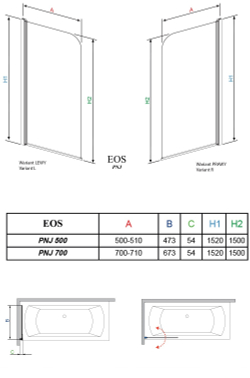 Шторка на ванну  Radaway Eos PN  70x152 левая, крепится слева, профиль хром, стекло прозрачное 205101-101L схема