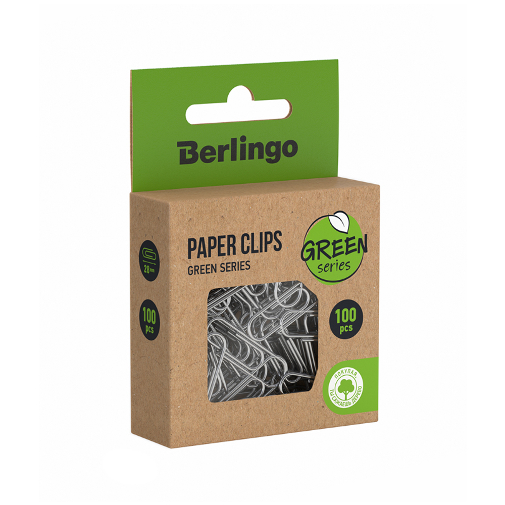 Скрепки 28мм, Berlingo "Green Series", 100шт., никелированные, крафт упак., европодвес