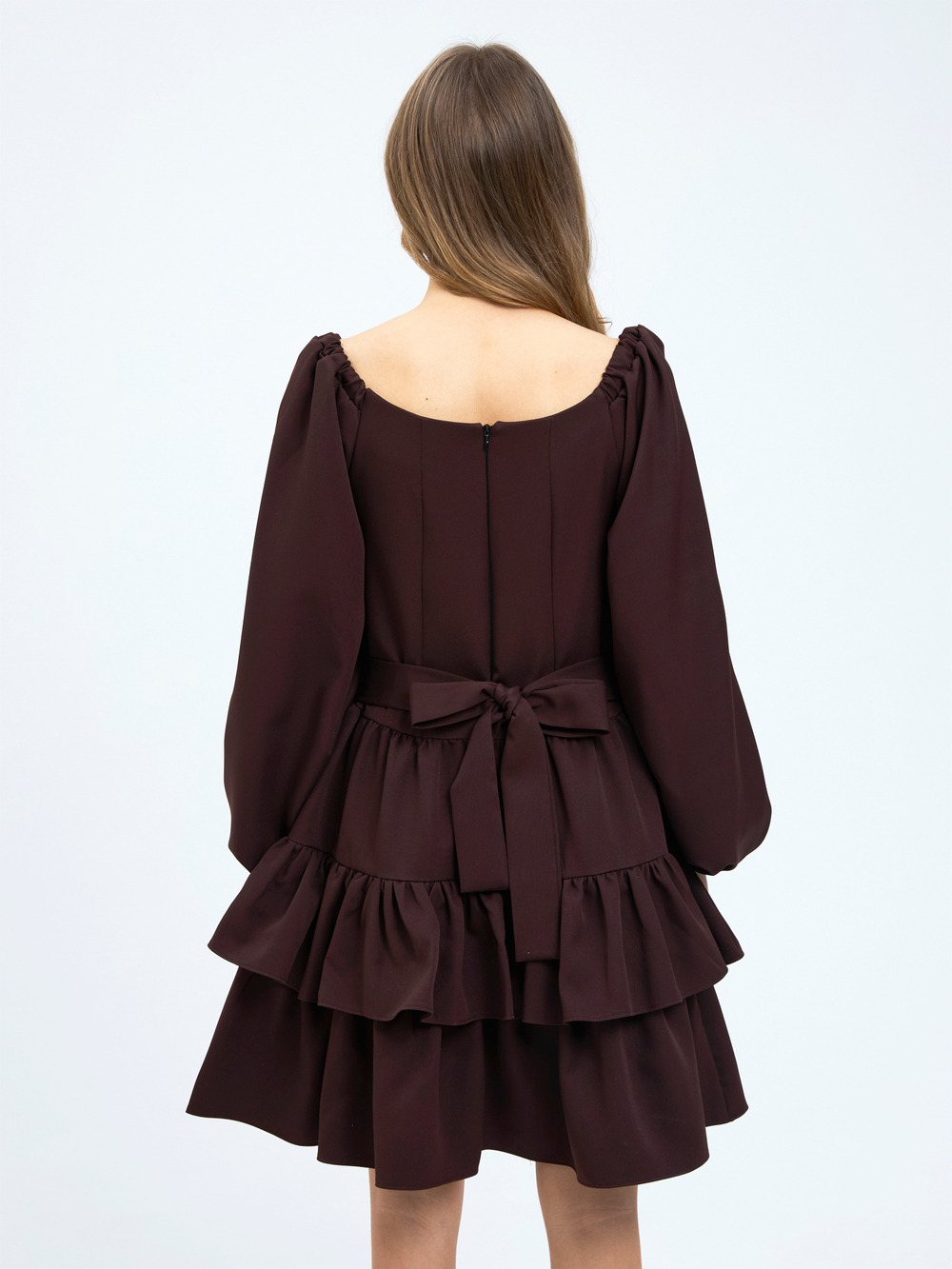 Платье праздничное ярусное с воланами для девочки коричневое