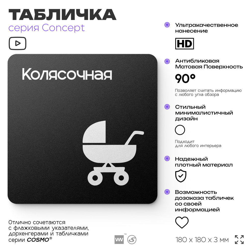 Табличка Колясочная, на дверь и стену, информационная и навигационная, серия CONCEPT, 18х18 см, пластиковая, Айдентика Технолоджи