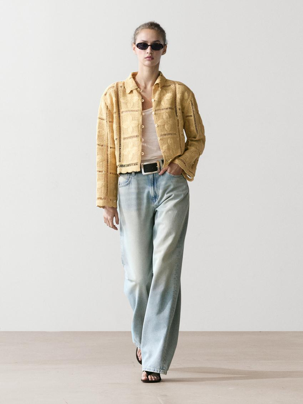 Massimo Dutti Кардиган из кружева кроше с ажурным узором, ванильный