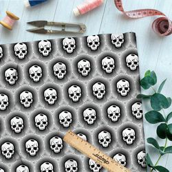 Ткань лён чёрно-белые печати с черепами