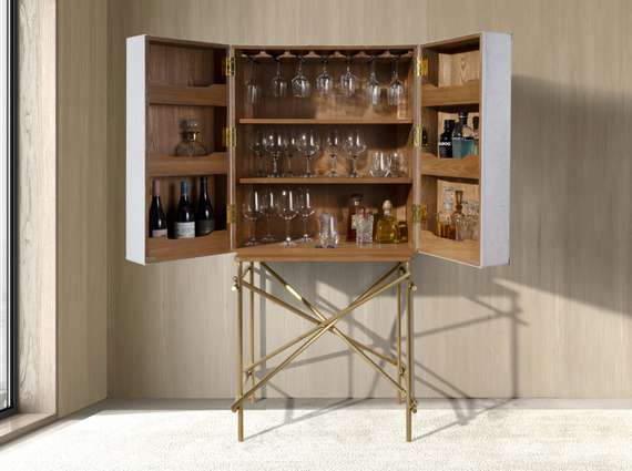 Высокий буфет 3272 из ткани, ореха и полированной золотистой стали