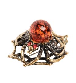 AM- 936 Брошь «Паук на паутине» (латунь, янтарь)