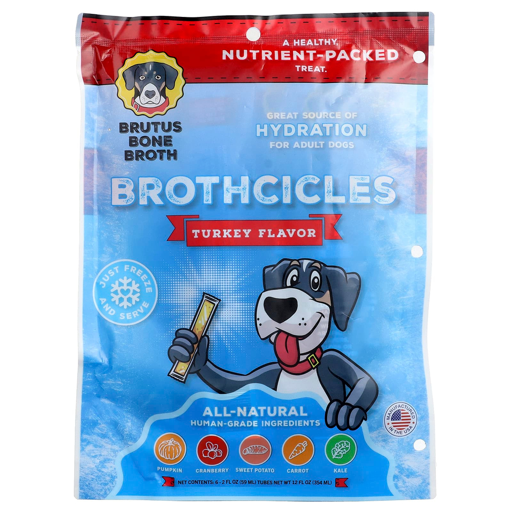 Brutus Bone Broth, Brothcicles, для взрослых собак, с индейкой, 6 тюбиков по 59 мл (2 жидк. унции)