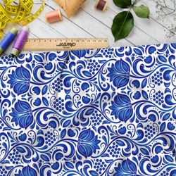 Ткань премиум атлас фантазия на тему гжели