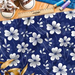 Ткань премиум атлас белые цветы на синем